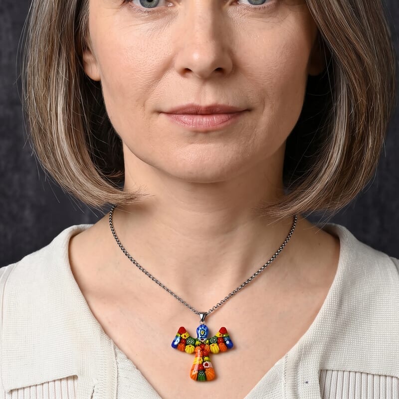 Multi Murano Style Angel Pendant Necklace (20-22 Inches) in Stainless Steel