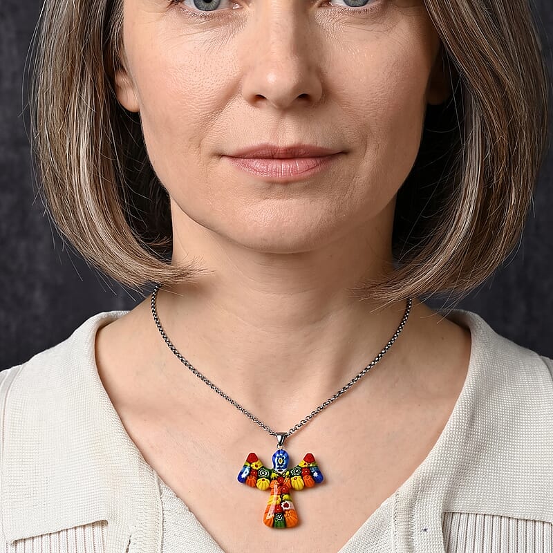 Multi Murano Style Angel Pendant Necklace (20-22 Inches) in Stainless Steel