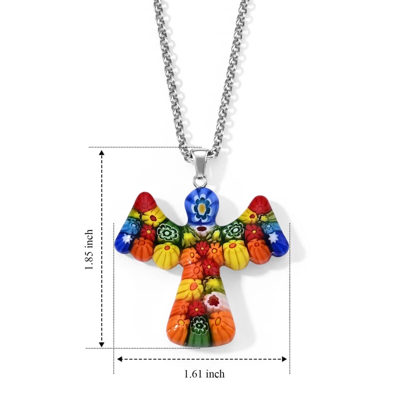 Multi Murano Style Angel Pendant Necklace (20-22 Inches) in Stainless Steel