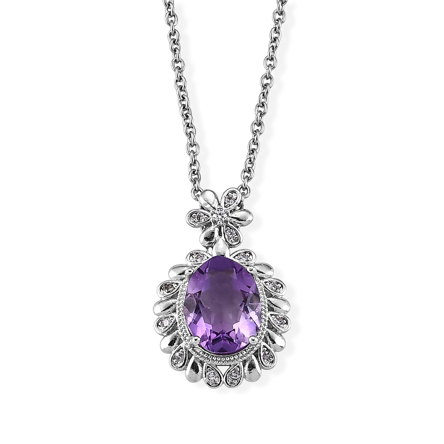 African Amethyst and Simulated Diamond 12.00 ctw Pendant in Silvertone with Stainless Steel Necklace (20 Inches)