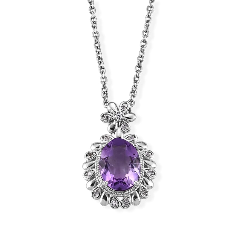 African Amethyst and Simulated Diamond 12.00 ctw Pendant in Silvertone with Stainless Steel Necklace (20 Inches)