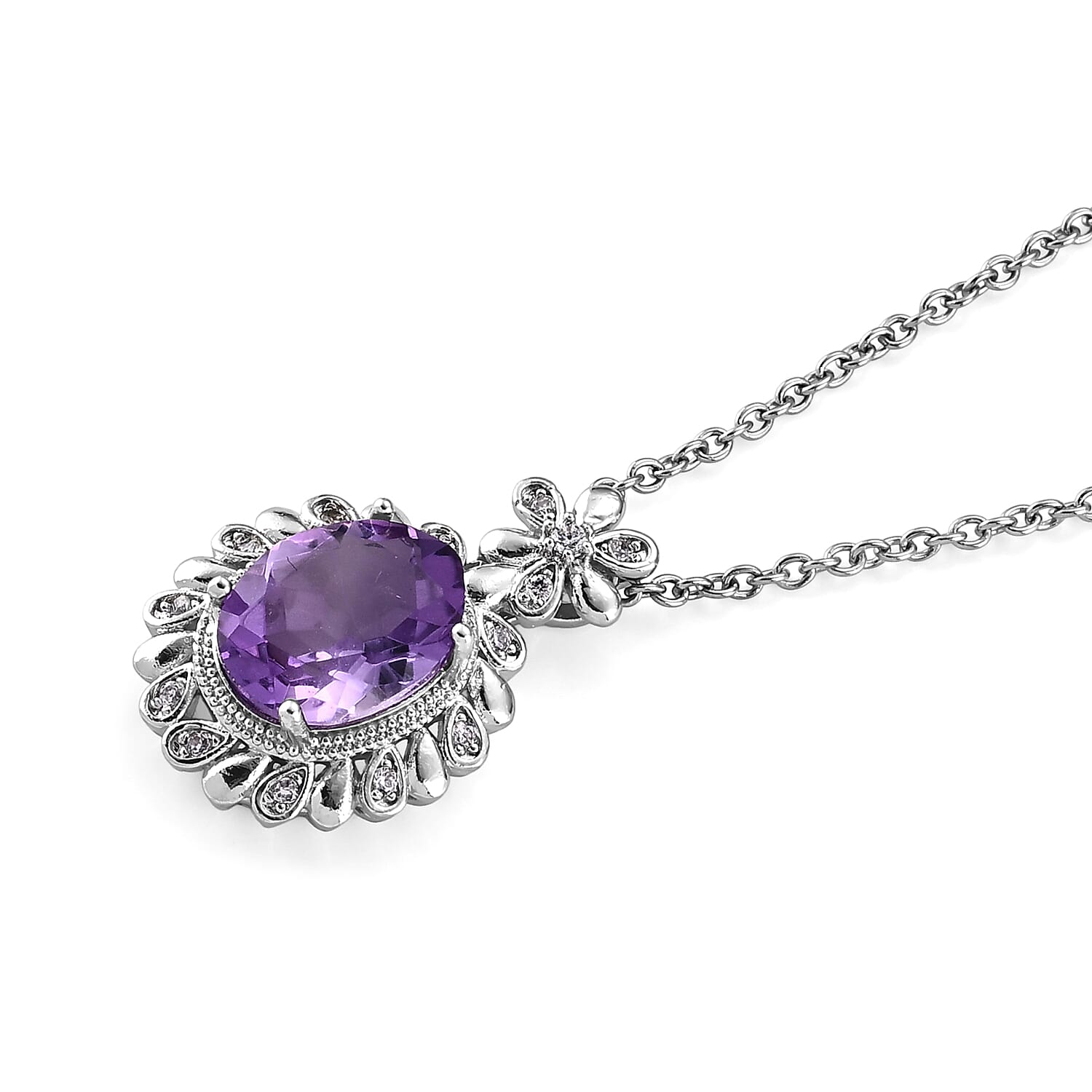 African Amethyst and Simulated Diamond 12.00 ctw Pendant in Silvertone with Stainless Steel Necklace (20 Inches)