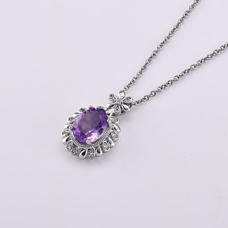 African Amethyst and Simulated Diamond 12.00 ctw Pendant in Silvertone with Stainless Steel Necklace (20 Inches)