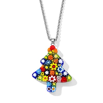 Multi Murano Style Tree Pendant Necklace (20-22 Inches) in Stainless Steel