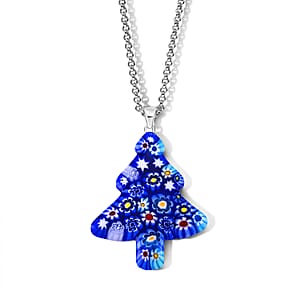 Blue Murano Style Tree Pendant Necklace (20-22 Inches) in Stainless Steel