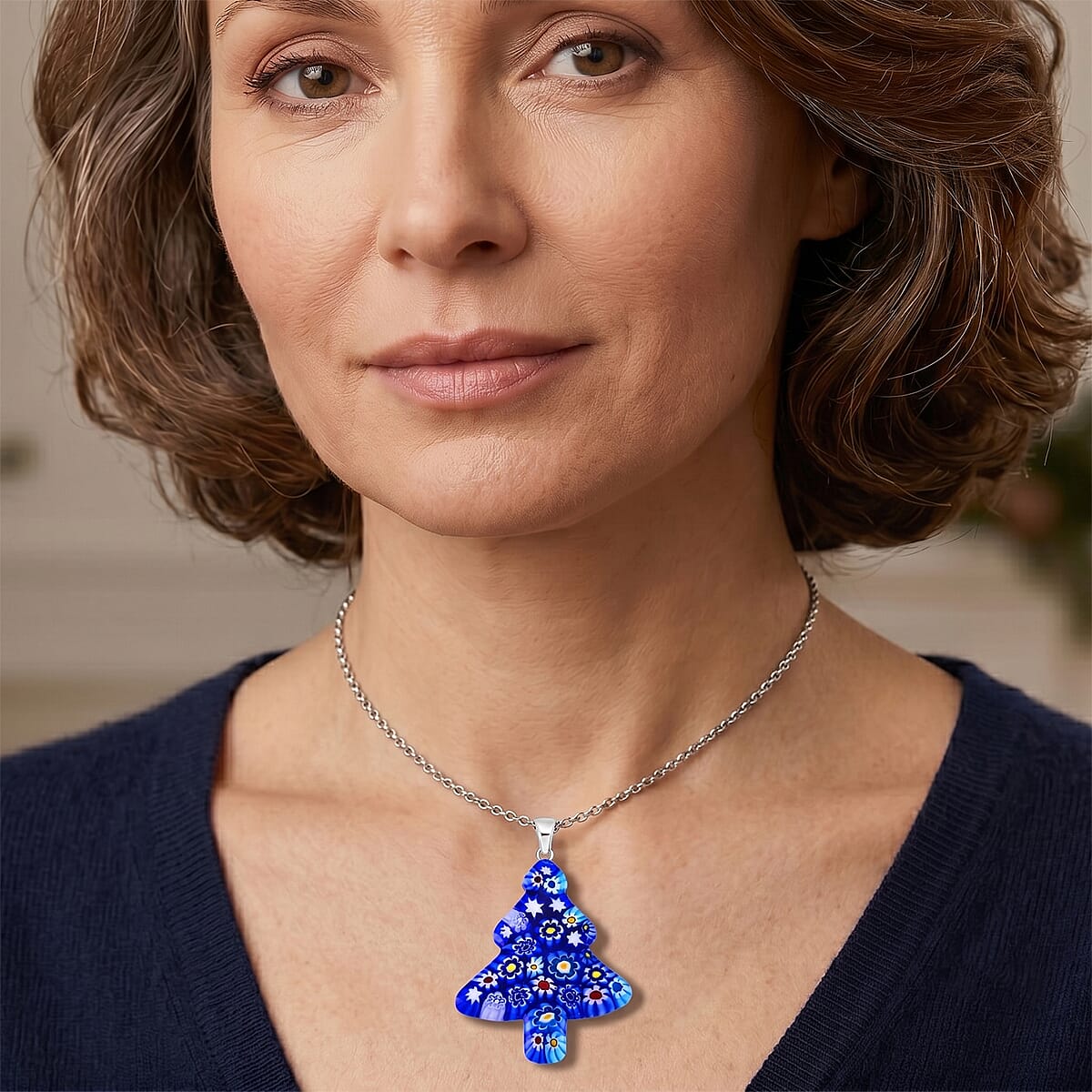 Blue Murano Style Tree Pendant Necklace (20-22 Inches) in Stainless Steel image number 2