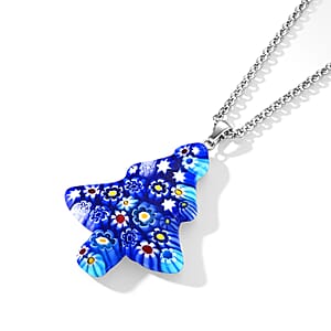 Blue Murano Style Tree Pendant Necklace (20-22 Inches) in Stainless Steel