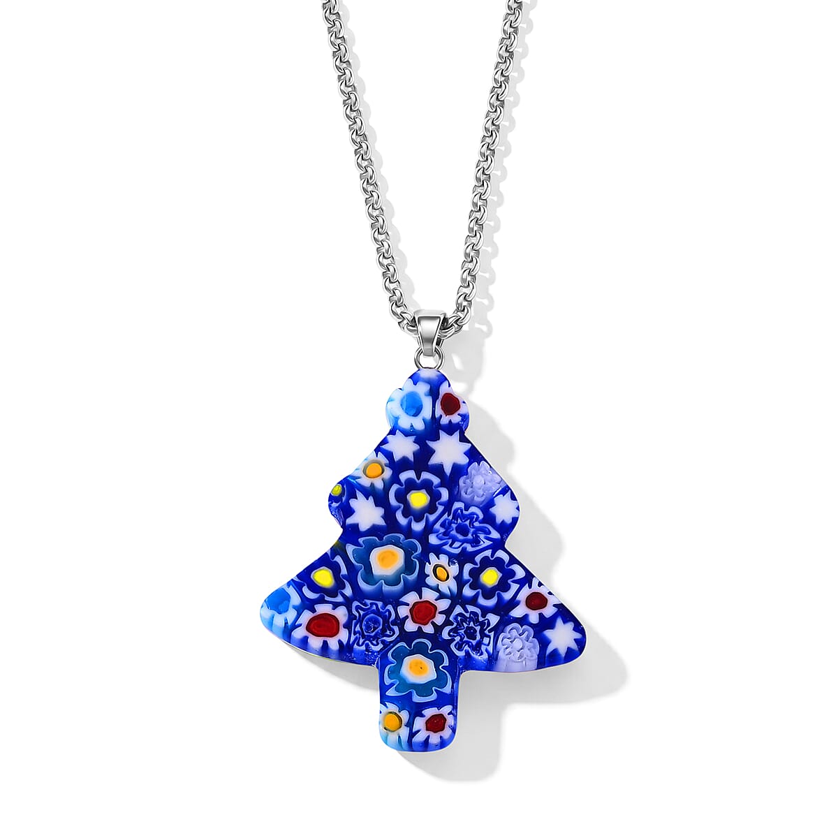 Blue Murano Style Tree Pendant Necklace (20-22 Inches) in Stainless Steel image number 4