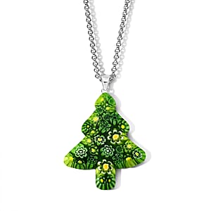 Green Murano Style Tree Pendant Necklace (20-22 Inches) in Stainless Steel