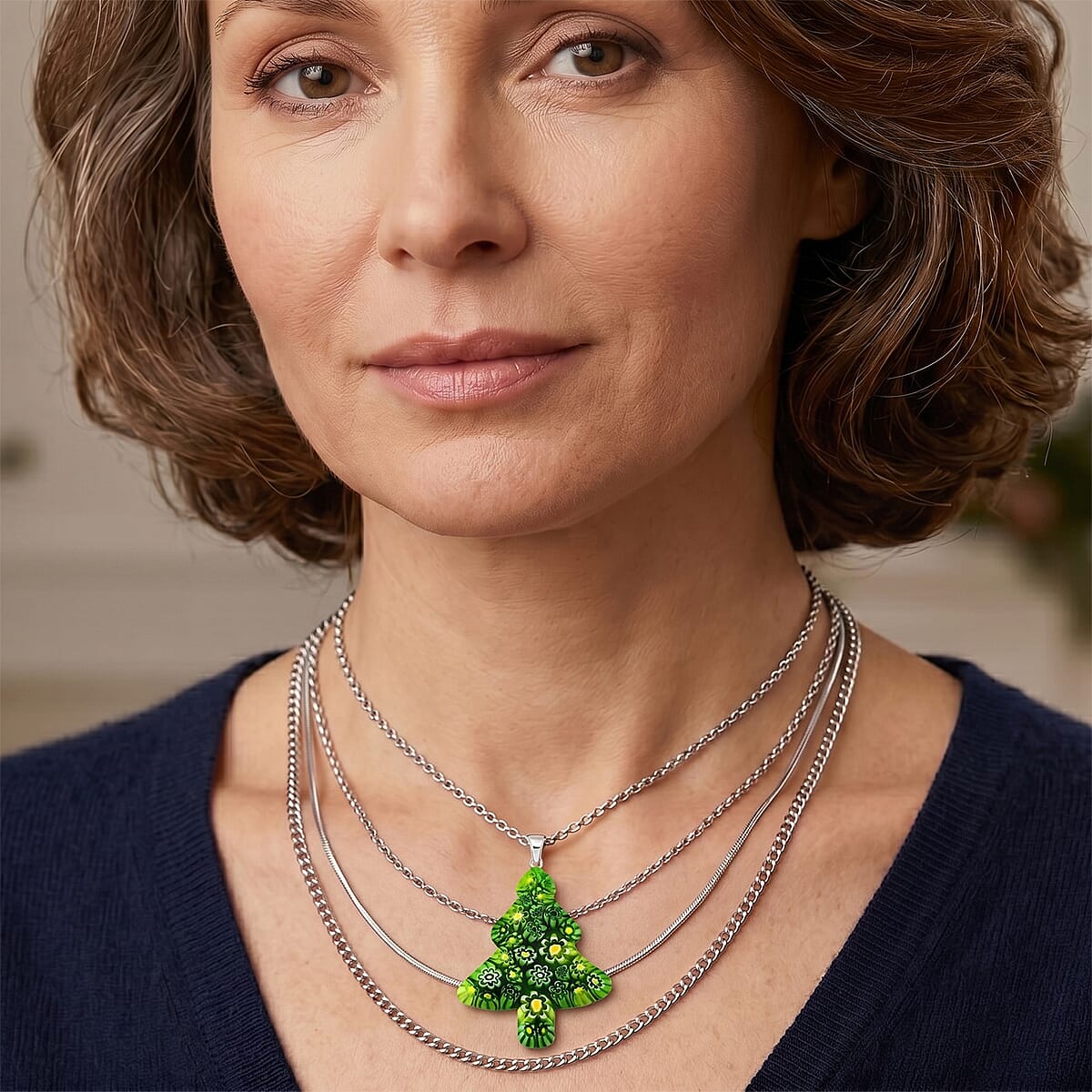 Green Murano Style Tree Pendant Necklace (20-22 Inches) in Stainless Steel image number 2