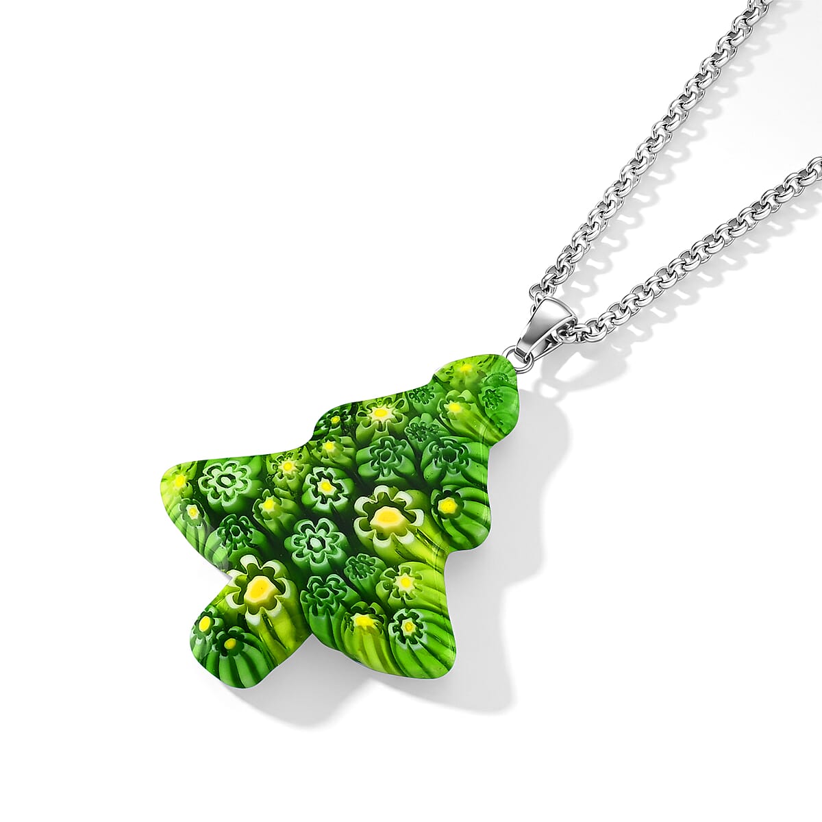Green Murano Style Tree Pendant Necklace (20-22 Inches) in Stainless Steel image number 3