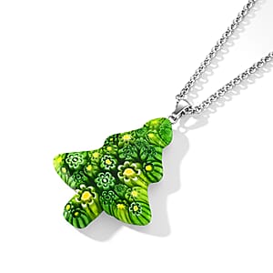 Green Murano Style Tree Pendant Necklace (20-22 Inches) in Stainless Steel