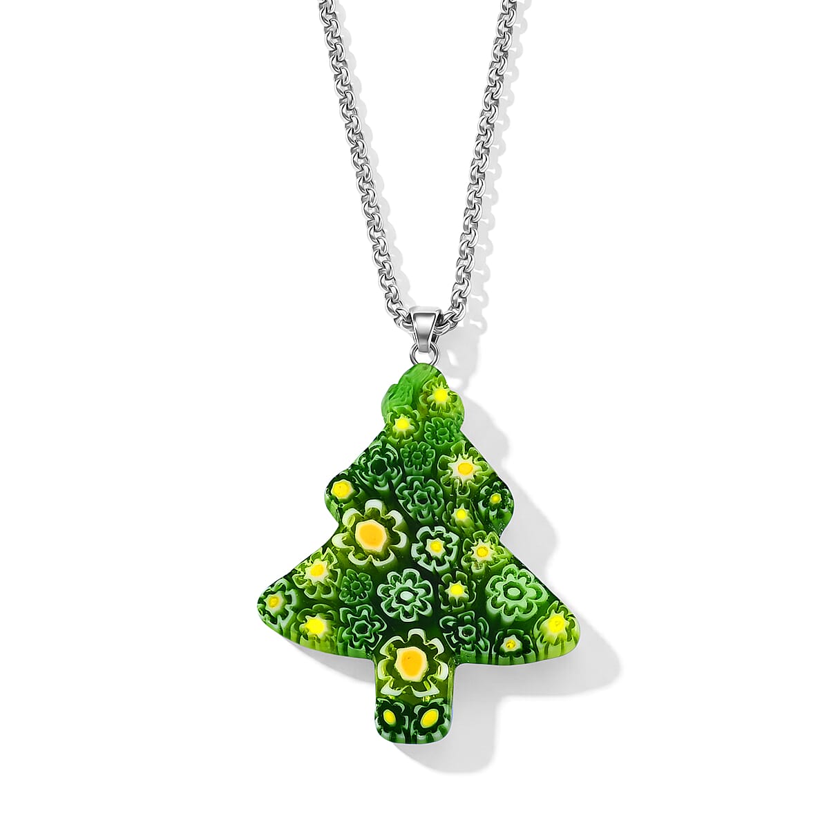 Green Murano Style Tree Pendant Necklace (20-22 Inches) in Stainless Steel image number 4