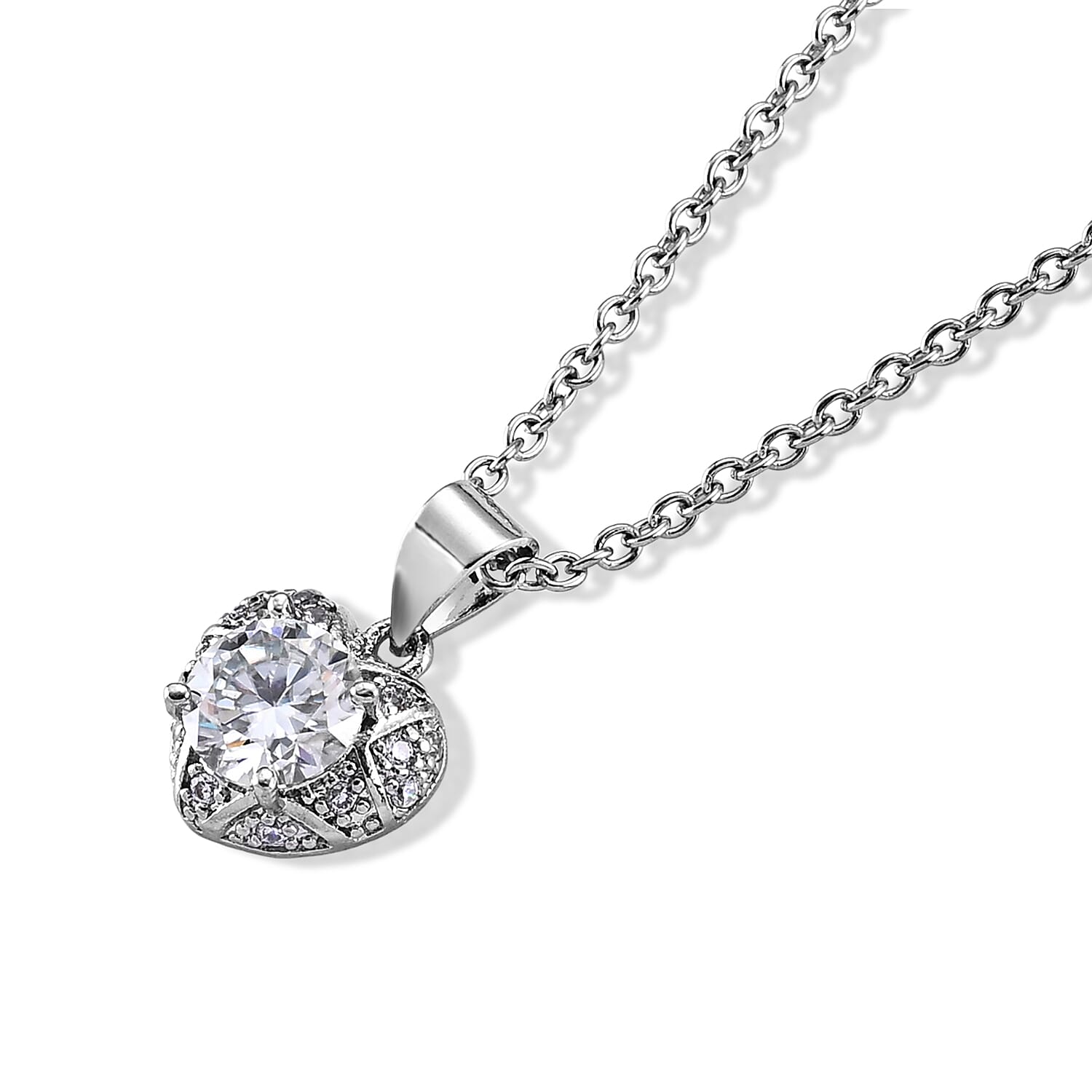 Moissanite and Simulated Diamond 1.00 ctw Pendant in Silvertone with Stainless Steel Necklace (20 Inches)