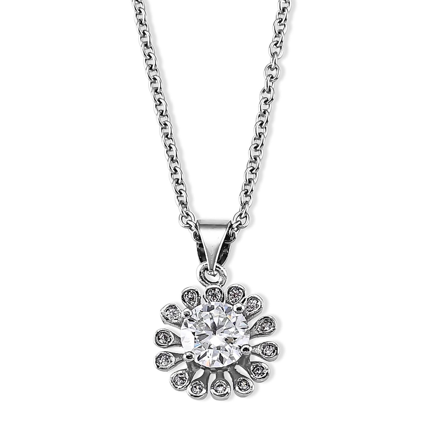 Moissanite and Simulated Diamond 1.00 ctw Pendant in Silvertone with Stainless Steel Necklace (20 Inches)