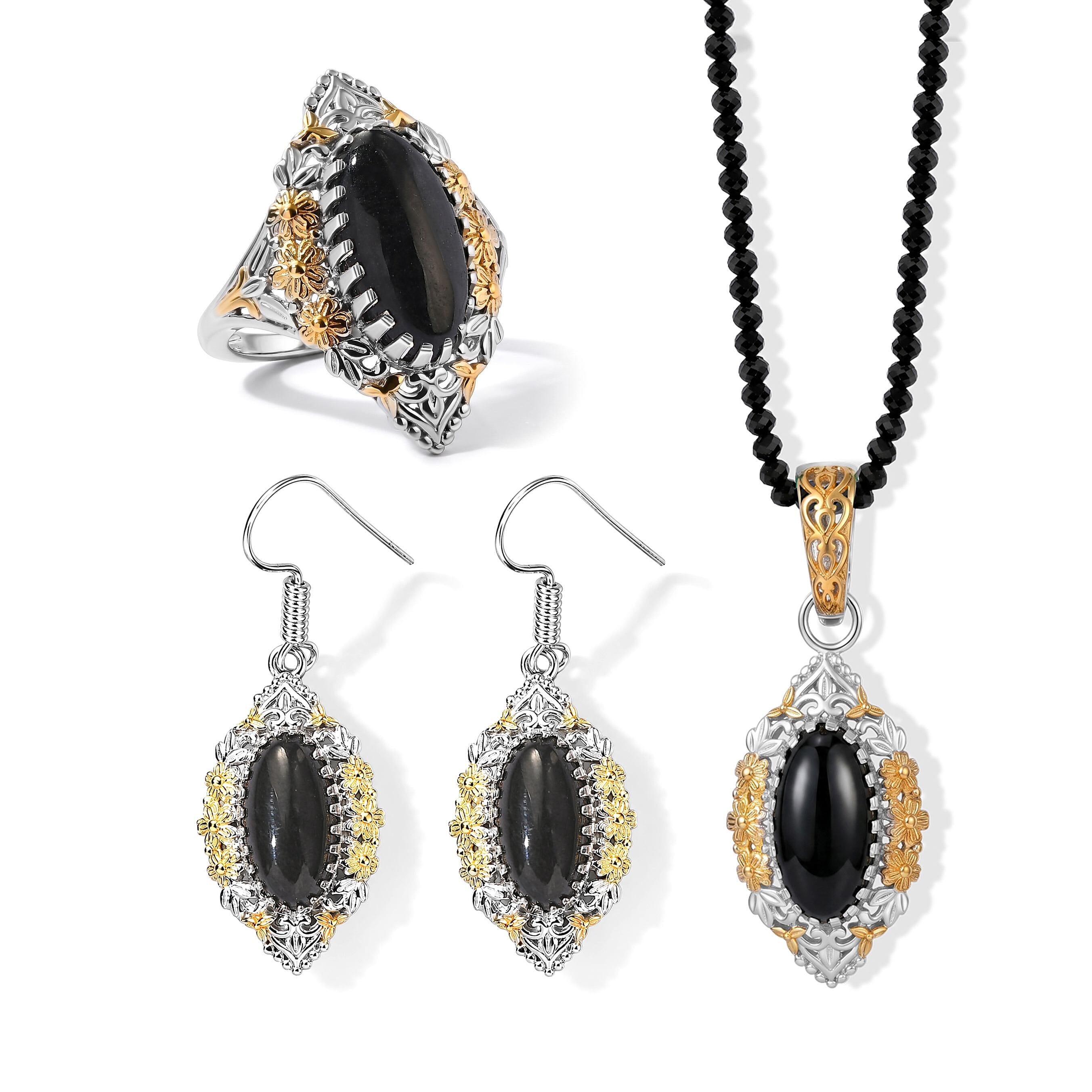 EverTrue Black Jade (D) Earrings, Ring (Size 6.0) and Pendant with Black Spinel Beaded Necklace (20 Inches) in 18K YG Plated and Platinum Bond 92.20 ctw