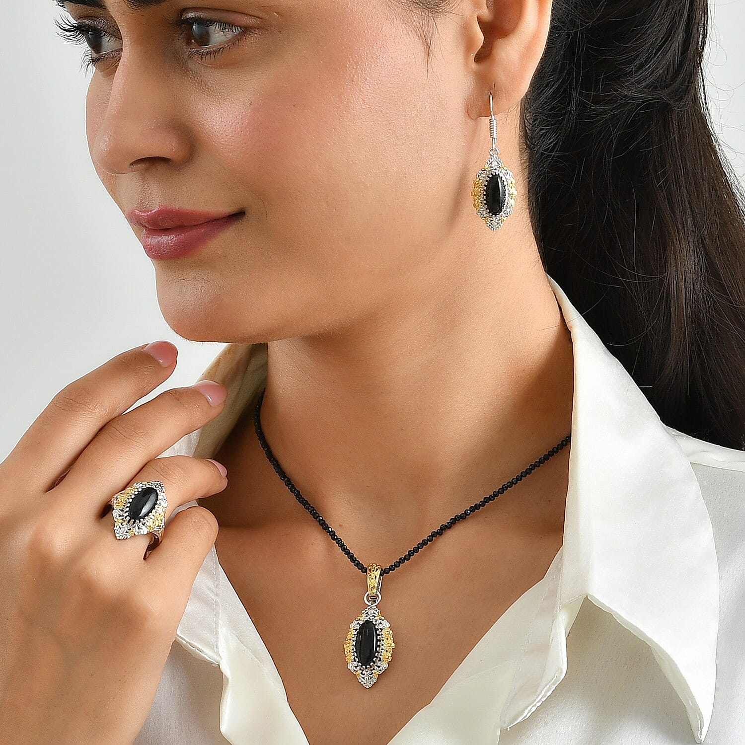 EverTrue Black Jade (D) Earrings, Ring (Size 6.0) and Pendant with Black Spinel Beaded Necklace (20 Inches) in 18K YG Plated and Platinum Bond 92.20 ctw