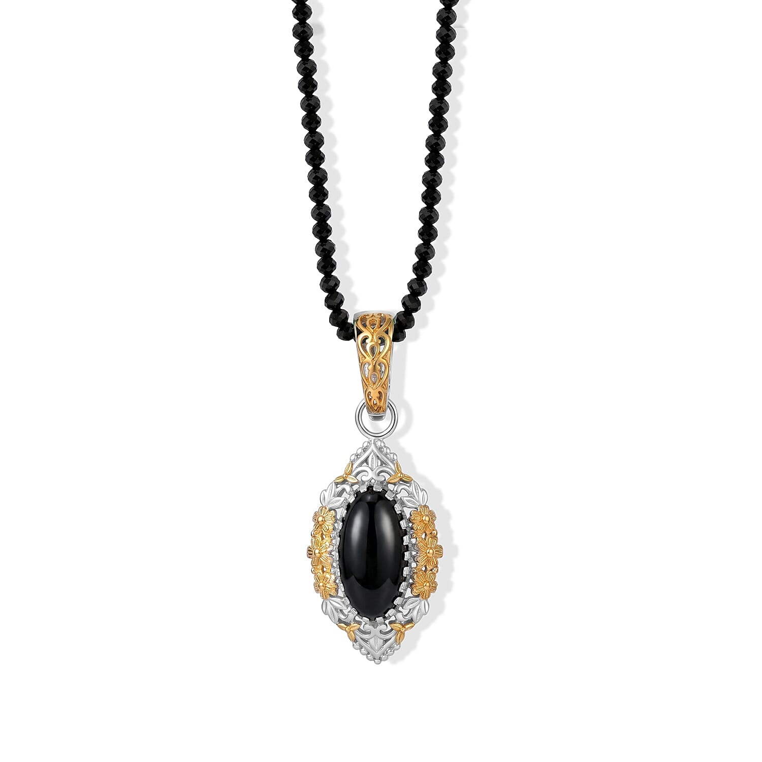EverTrue Black Jade (D) Earrings, Ring (Size 6.0) and Pendant with Black Spinel Beaded Necklace (20 Inches) in 18K YG Plated and Platinum Bond 92.20 ctw