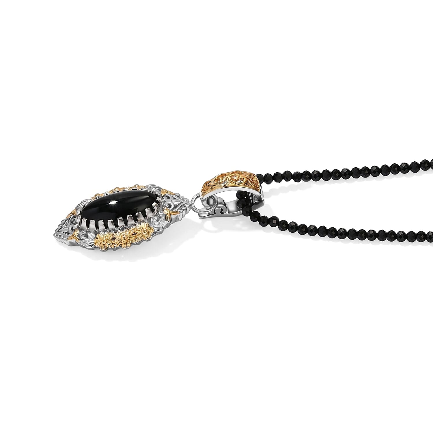 EverTrue Black Jade (D) Earrings, Ring (Size 6.0) and Pendant with Black Spinel Beaded Necklace (20 Inches) in 18K YG Plated and Platinum Bond 92.20 ctw