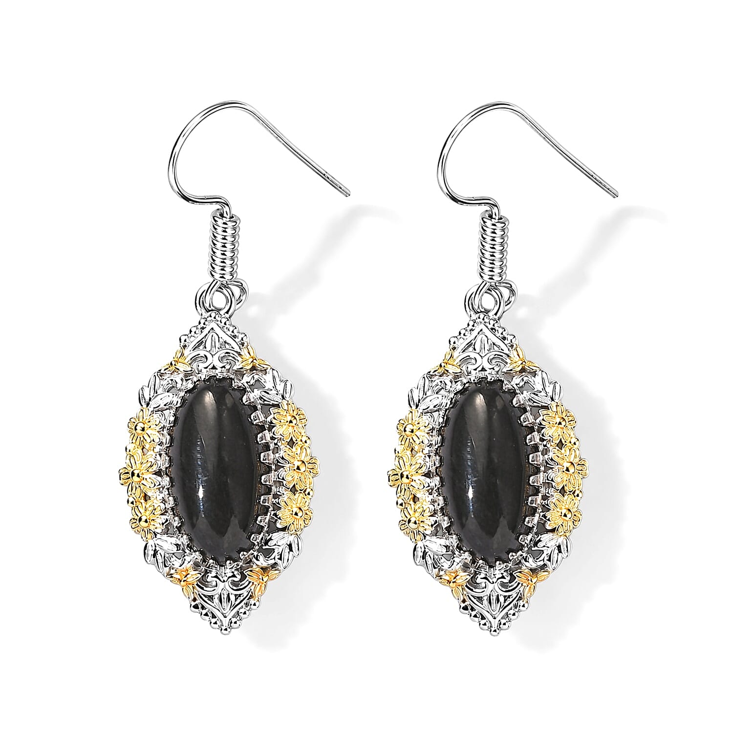 EverTrue Black Jade (D) Earrings, Ring (Size 6.0) and Pendant with Black Spinel Beaded Necklace (20 Inches) in 18K YG Plated and Platinum Bond 92.20 ctw