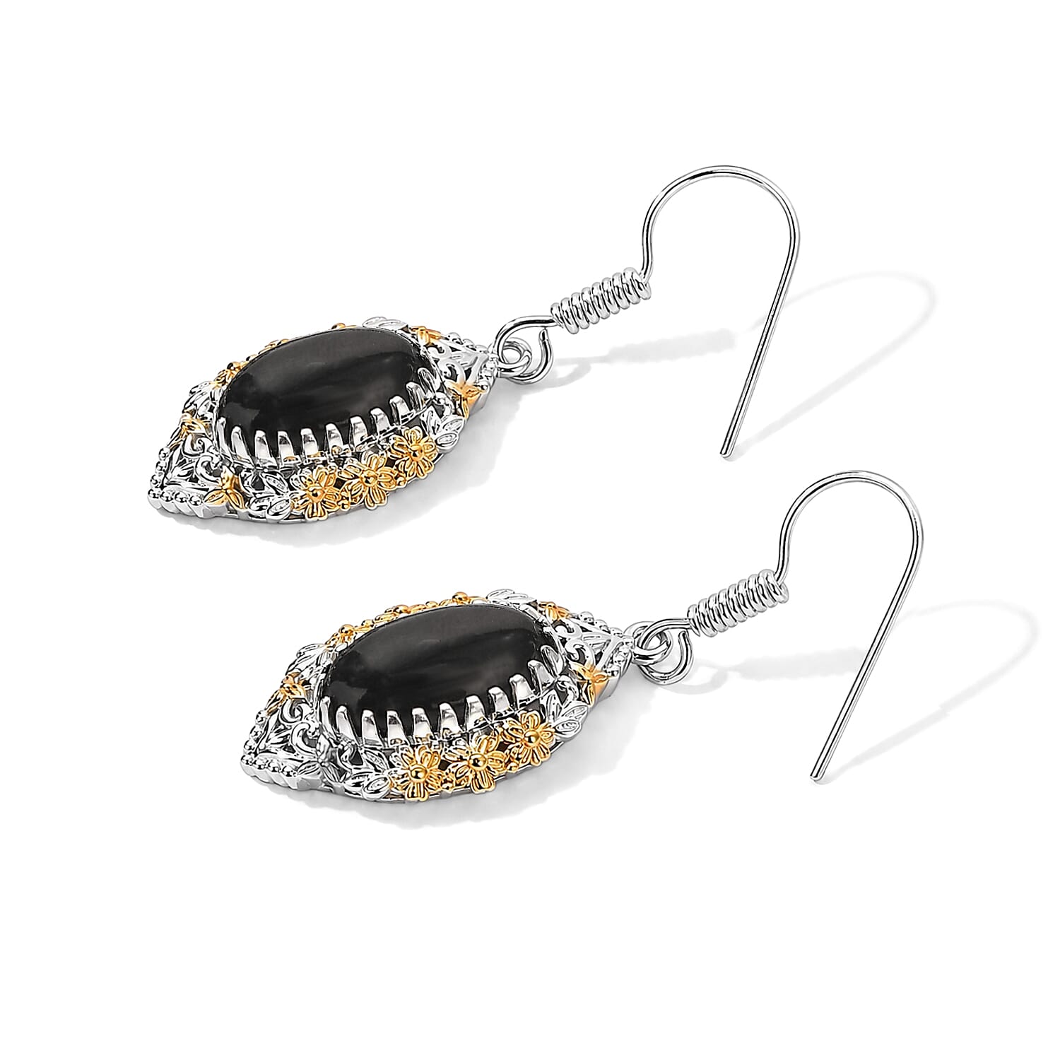 EverTrue Black Jade (D) Earrings, Ring (Size 6.0) and Pendant with Black Spinel Beaded Necklace (20 Inches) in 18K YG Plated and Platinum Bond 92.20 ctw