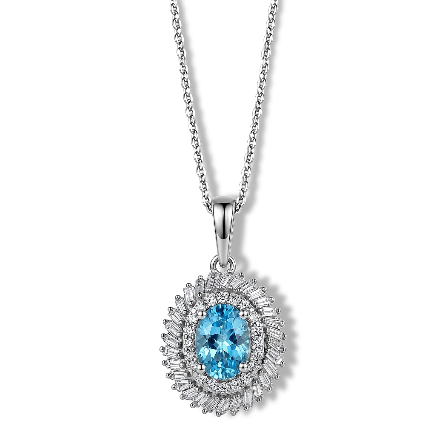 D'Joy Premium Betroka Blue Apatite and Diamond (0.35 cts) 1.15 ctw Ocean Crown Halo Pendant Necklace (20 Inches) in Rhodium Over Sterling Silver