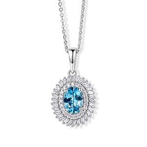 D'Joy Premium Betroka Blue Apatite and Diamond (0.35 cts) 1.15 ctw Ocean Crown Halo Pendant Necklace (20 Inches) in Rhodium Over Sterling Silver