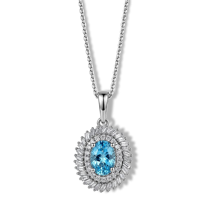 D'Joy Premium Betroka Blue Apatite and Diamond (0.35 cts) 1.15 ctw Ocean Crown Halo Pendant Necklace (20 Inches) in Rhodium Over Sterling Silver