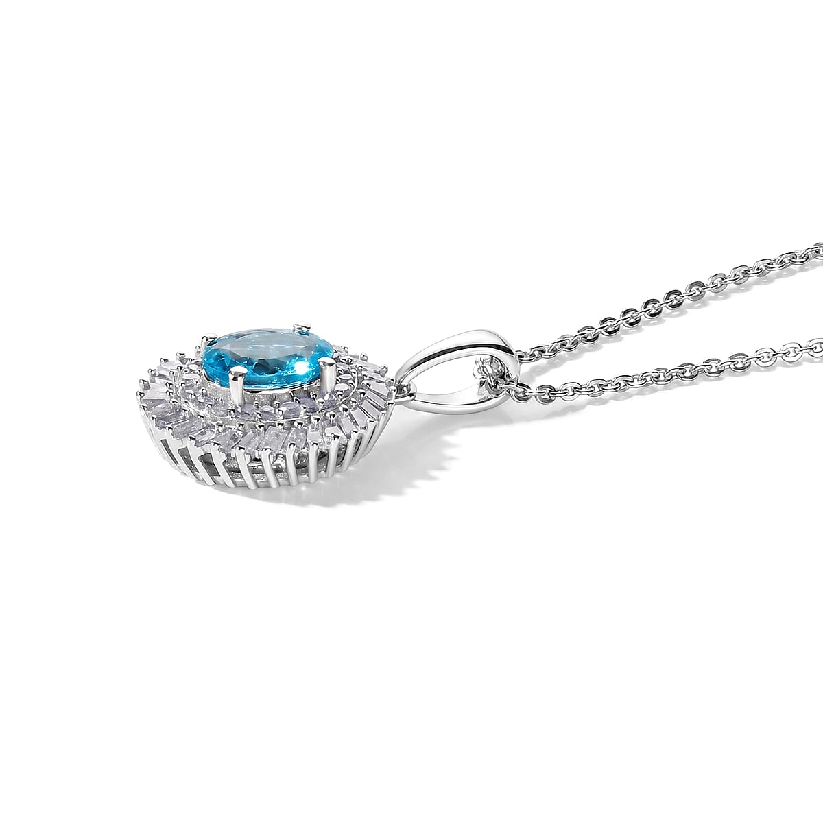 D'Joy Premium Betroka Blue Apatite and Diamond (0.35 cts) 1.15 ctw Ocean Crown Halo Pendant Necklace (20 Inches) in Rhodium Over Sterling Silver image number 1