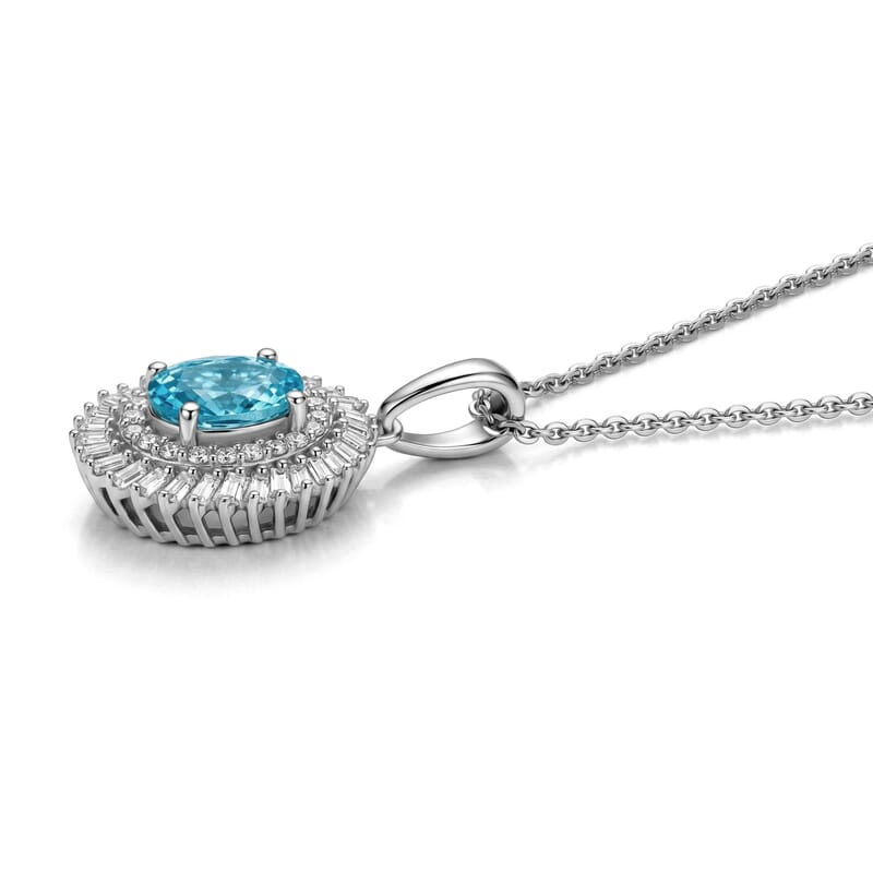 D'Joy Premium Betroka Blue Apatite and Diamond (0.35 cts) 1.15 ctw Ocean Crown Halo Pendant Necklace (20 Inches) in Rhodium Over Sterling Silver