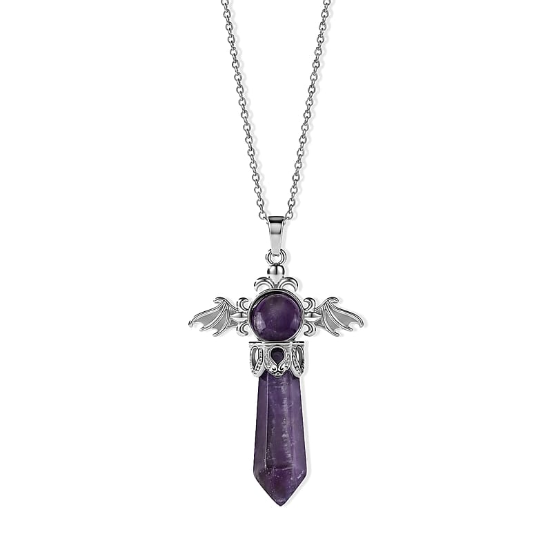 Amethyst 40.00 ctw Pendant in Silvertone with Stainless Steel Necklace 20 Inches