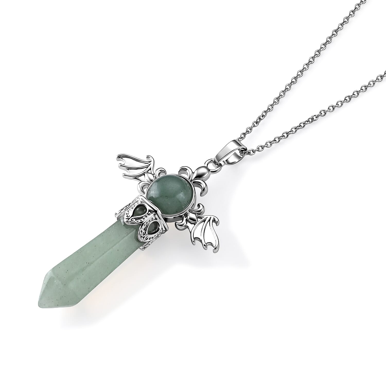 Green Aventurine 40.00 ctw Pendant in Silvertone with Stainless Steel Necklace 20 Inches