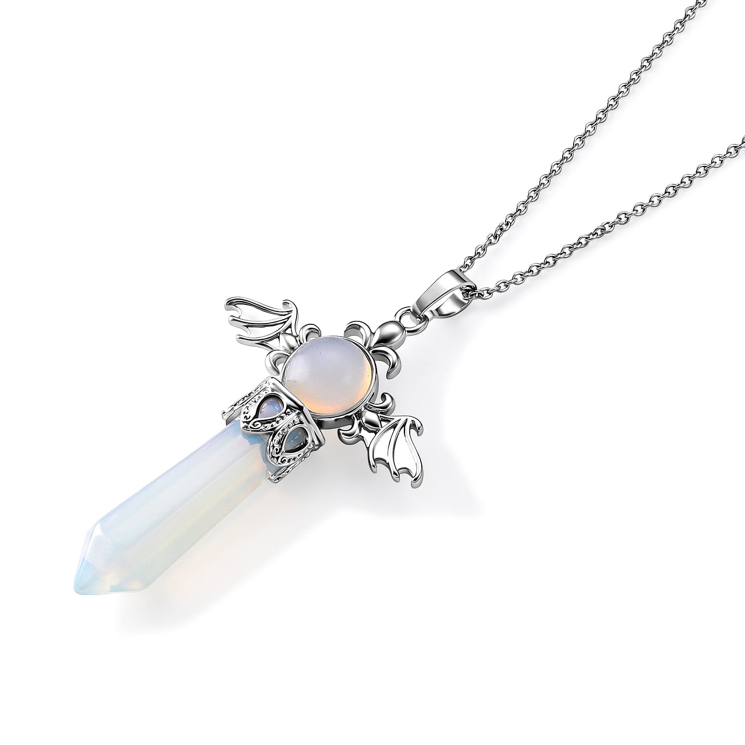 Opalite 40.00 ctw Pendant in Silvertone with Stainless Steel Necklace 20 Inches
