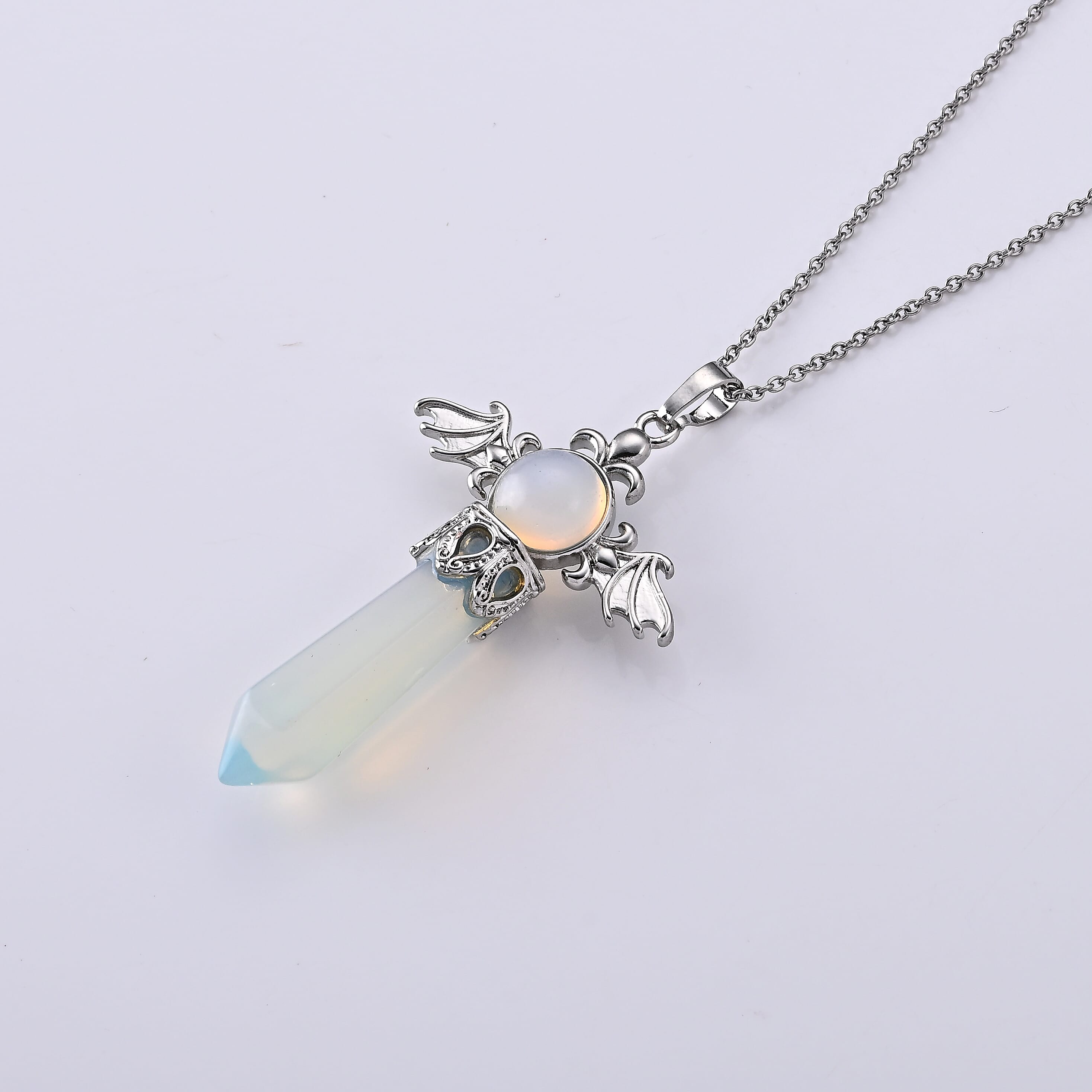 Opalite 40.00 ctw Pendant in Silvertone with Stainless Steel Necklace 20 Inches