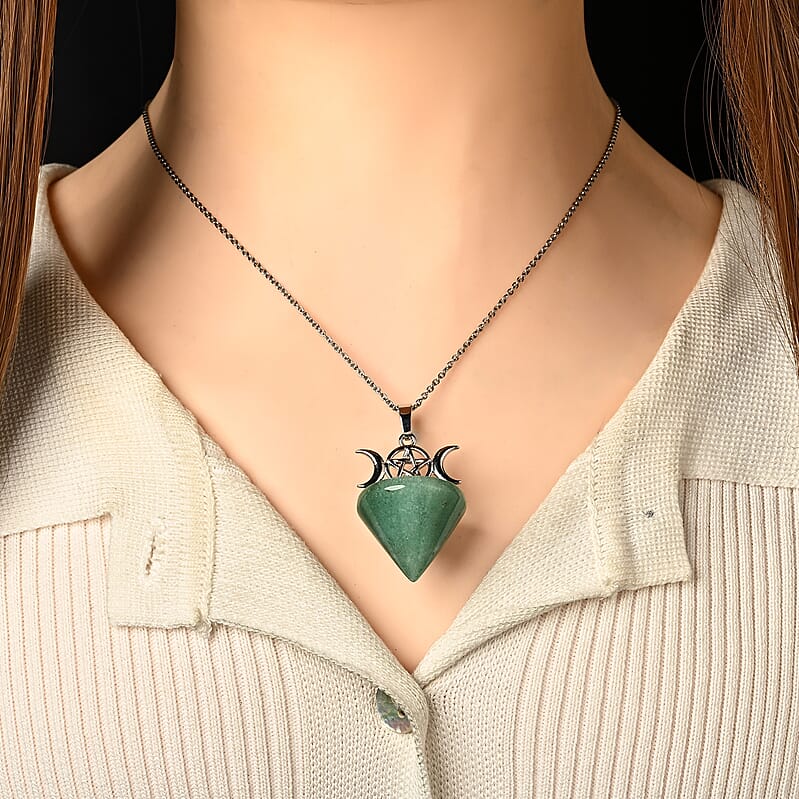 Green Aventurine 50.00 ctw Pendant in Silvertone with Stainless Steel Necklace 20 Inches