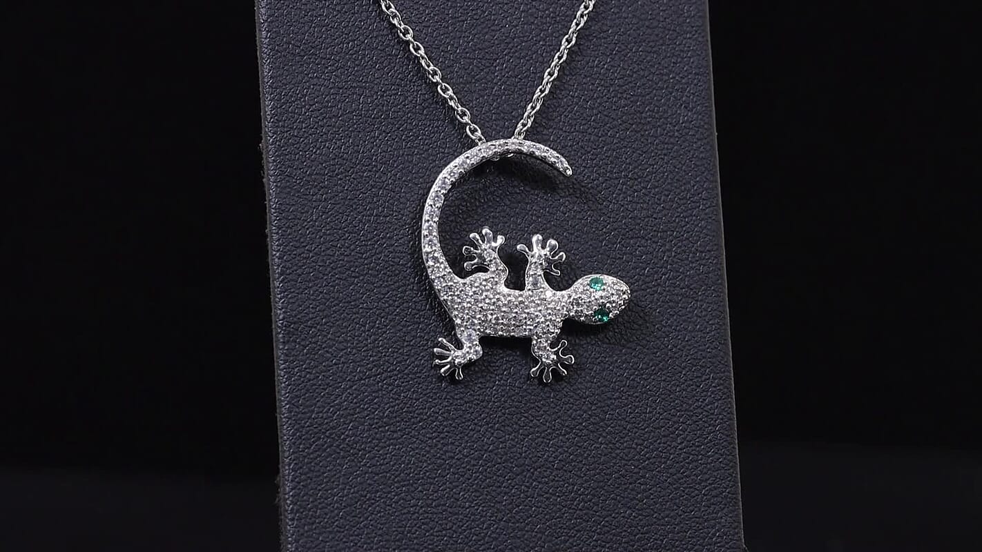 Simulated Green and White Diamond Pendant in Platinum Bond with Stainless Steel Necklace 20 Inches