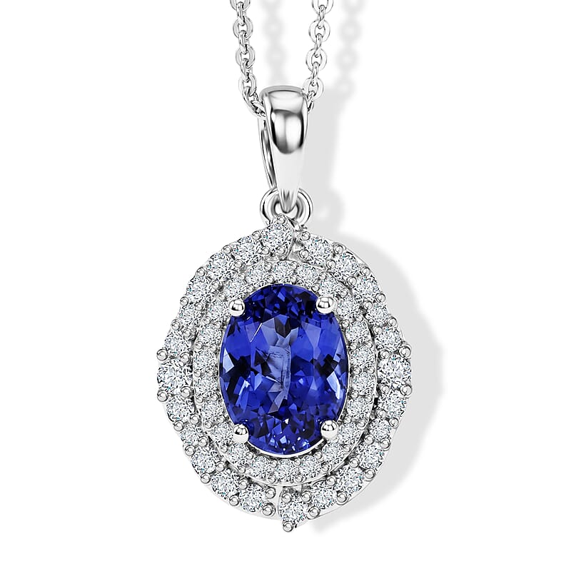Certified and Appraised D'Joy Premium Tanzanite and Moissanite 2.00 ctw Pendant Necklace in Rhodium Over Sterling Silver 18 Inches