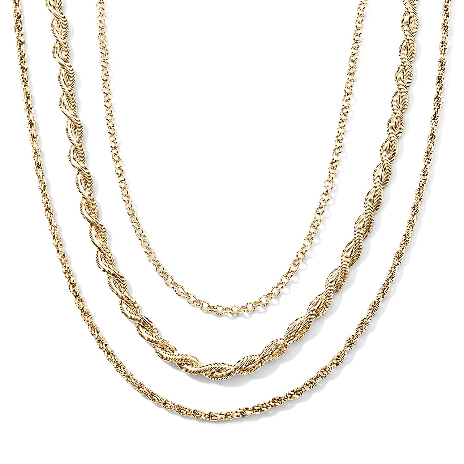 Set of 3 - Rope, Link and Fine 3 Layer Chain Necklace in Goldtone 18/20/22-2 Inches