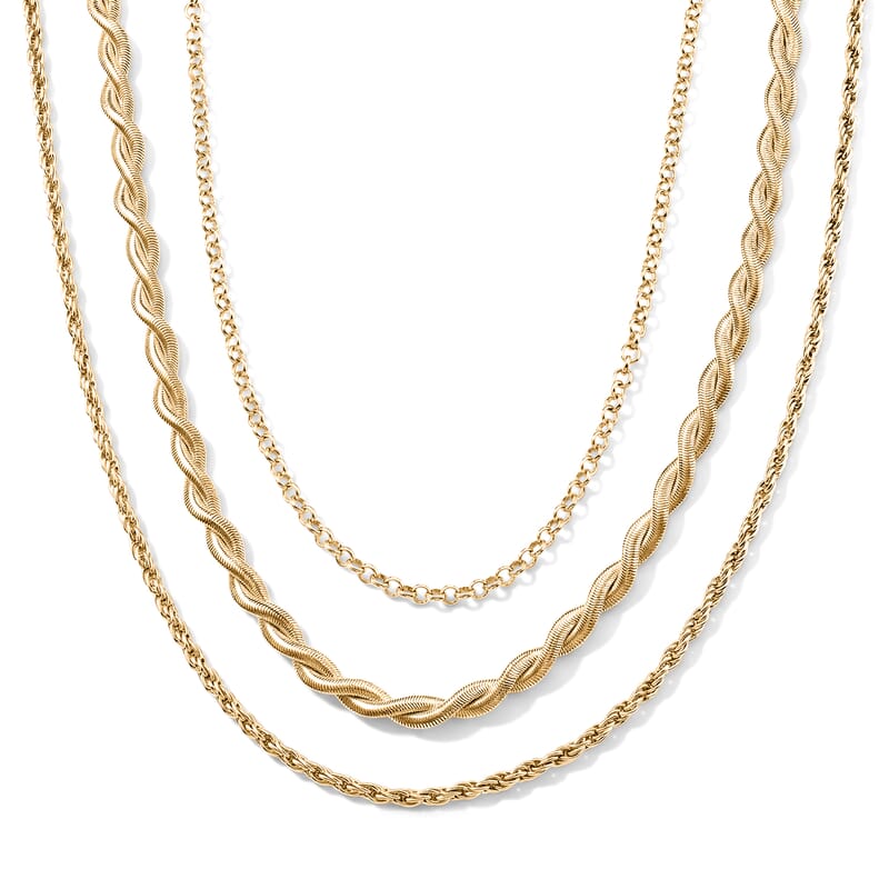 Set of 3 - Rope, Link and Fine Chain Necklace in Goldtone 18/20/22-2 Inches