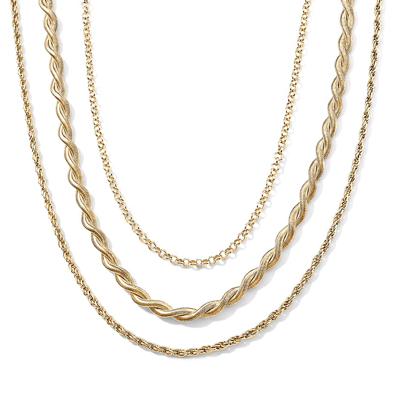 Set of 3 - Rope, Link and Fine Chain Necklace in Goldtone 18/20/22-2 Inches