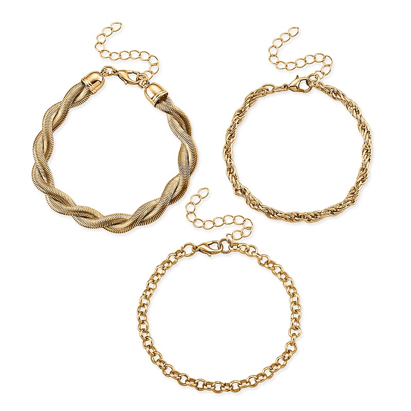 Set of 3 - Rope, Link and Fine Chain Bracelet in Goldtone (7.00-9.00In)