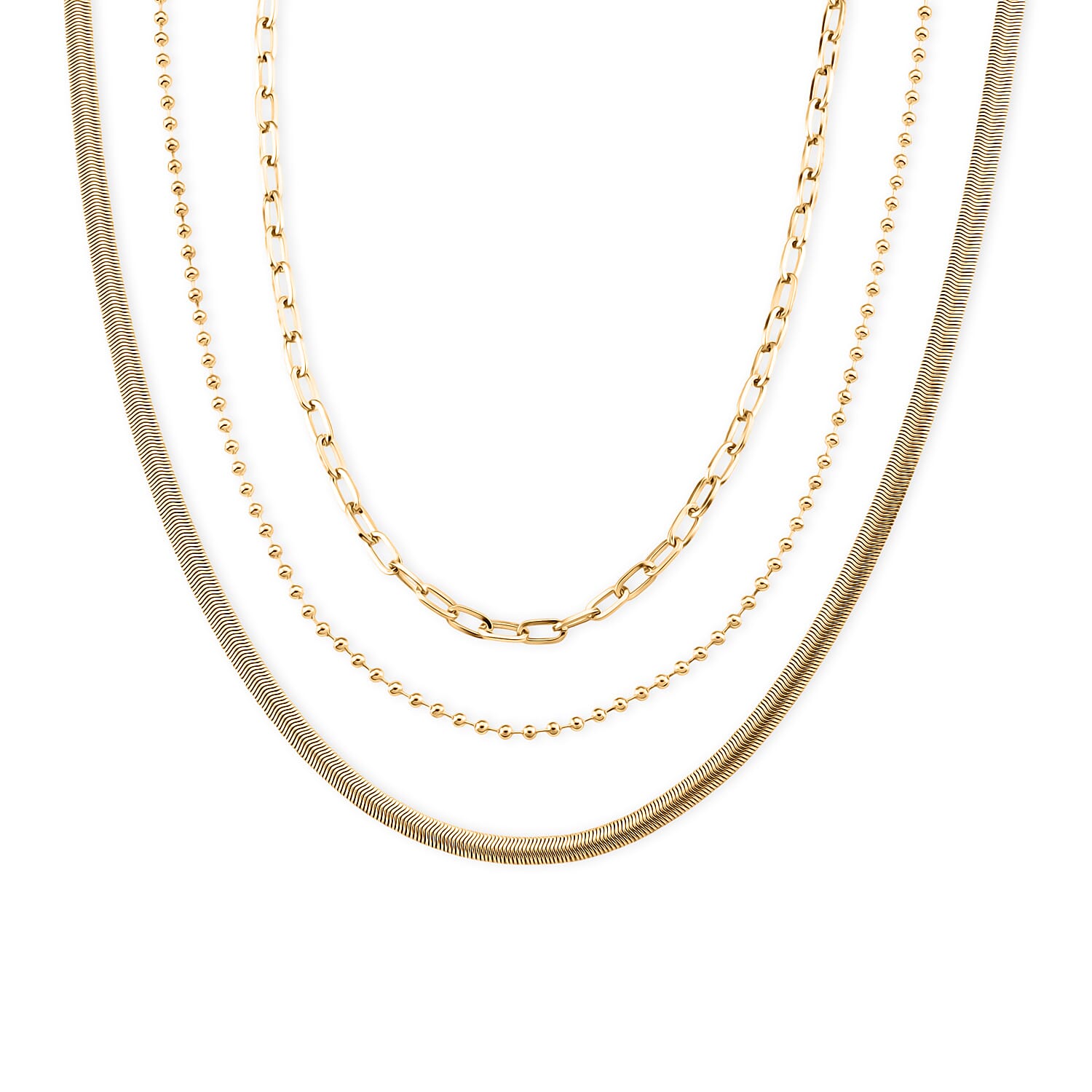Set of 3 - Snake, Paperclip and Ball Bead Chain Necklace in Goldtone 16/18/18.75-2 Inches