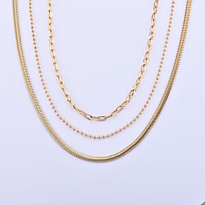 Set of 3 - Snake, Paperclip and Ball Bead Chain Necklace in Goldtone 16/18/18.75-2 Inches