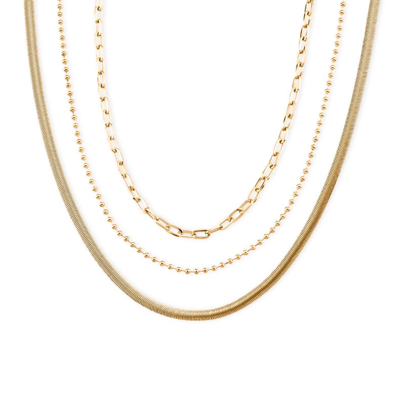 Set of 3 - Snake, Paperclip and Ball Bead Chain Necklace in Goldtone 16/18/18.75-2 Inches