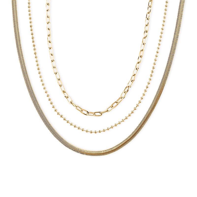 Set of 3 - Snake, Paperclip and Ball Bead Chain Necklace in Goldtone 16/18/18.75-2 Inches