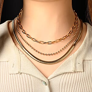Set of 3 - Snake, Paperclip and Ball Bead Chain Necklace in Goldtone 16/18/18.75-2 Inches