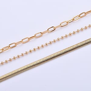 Set of 3 - Snake, Paperclip and Ball Bead Chain Necklace in Goldtone 16/18/18.75-2 Inches