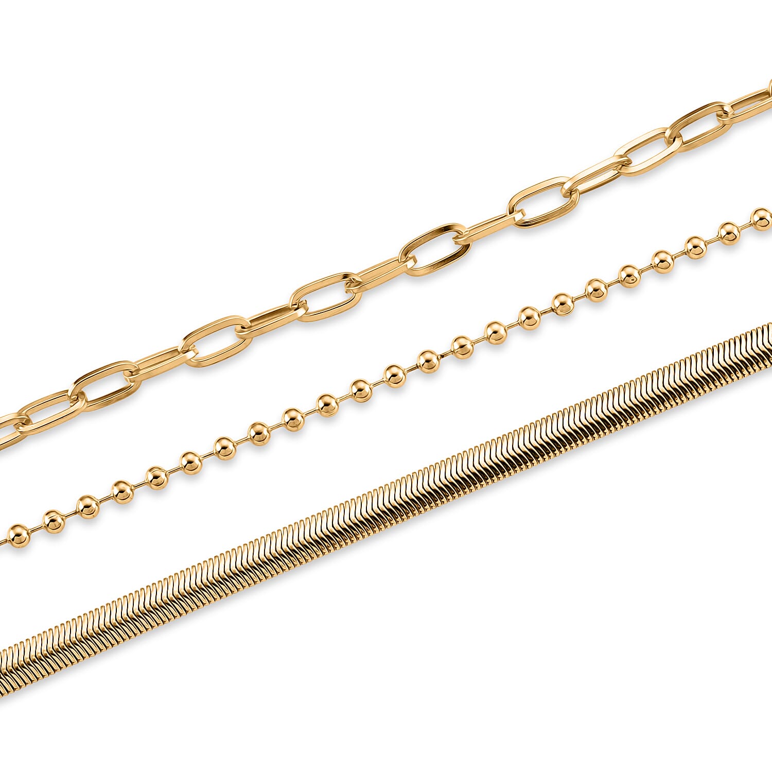 Set of 3 - Snake, Paperclip and Ball Bead Chain Necklace in Goldtone 16/18/18.75-2 Inches