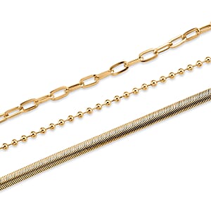Set of 3 - Snake, Paperclip and Ball Bead Chain Necklace in Goldtone 16/18/18.75-2 Inches