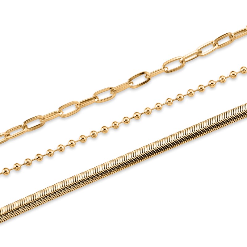 Set of 3 - Snake, Paperclip and Ball Bead Chain Necklace in Goldtone 16/18/18.75-2 Inches